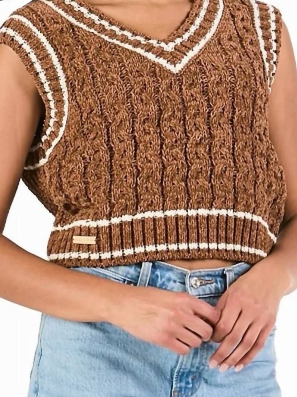 Simply Southern Brown Cropped Cable Knit V-Neck Sweater Vest with White Trim